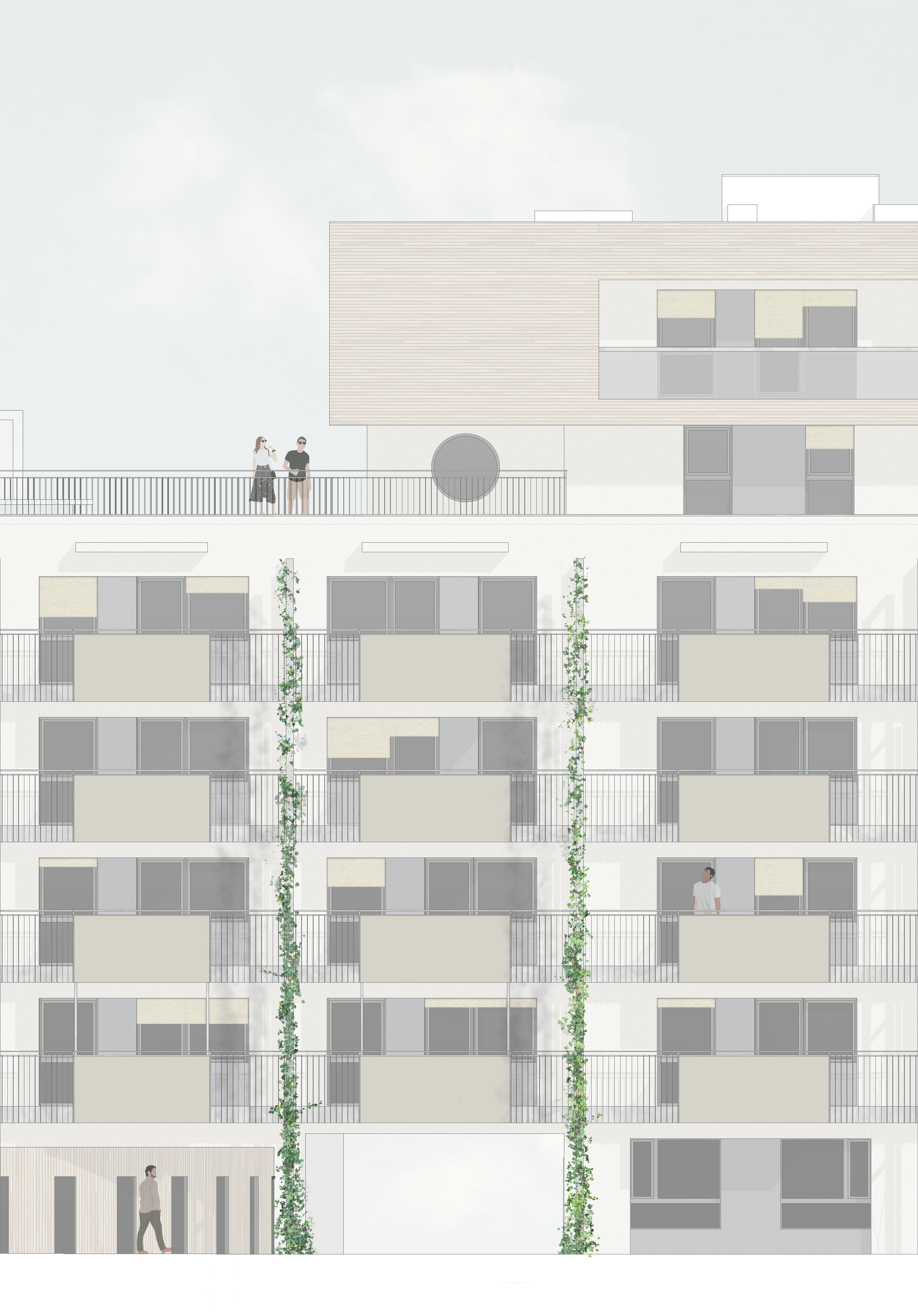 Wohnbauten Meischlgasse, Wien 23, Bauteil 1, Fassadenansicht Süd zu Gartenhof